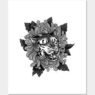 tiger + flower (grayscale) Posters and Art